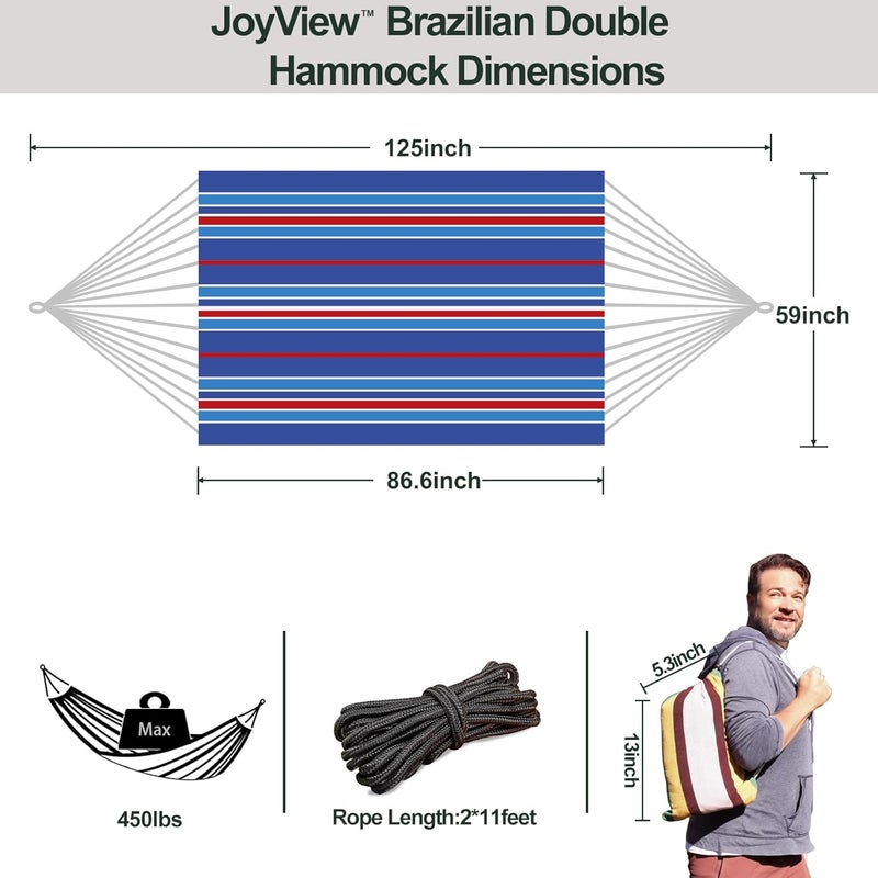 JoyView Brazilian Double Hammock with Hanging Ropes Extra Large 86.6x59” Portable Cotton Hammock for Patio Backyard Porch 450LBS Weight Capacity Perfect for Outdoor/Indoor - Blue Stripe - Image 2